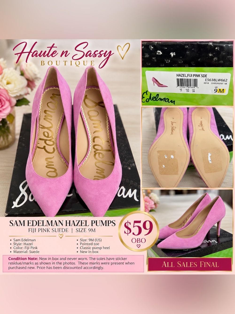 Sam Edelman Hazel Fiji Pink Suede Pumps Size 9M NIB